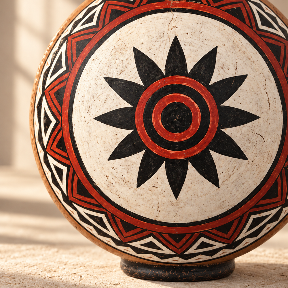 Tutuma Ceremonial Sol Geométrico de Chazuta · detalle de la superficie; ambientación digital a partir de la imagen de catálogo. Elementos del escenario no incluidos.