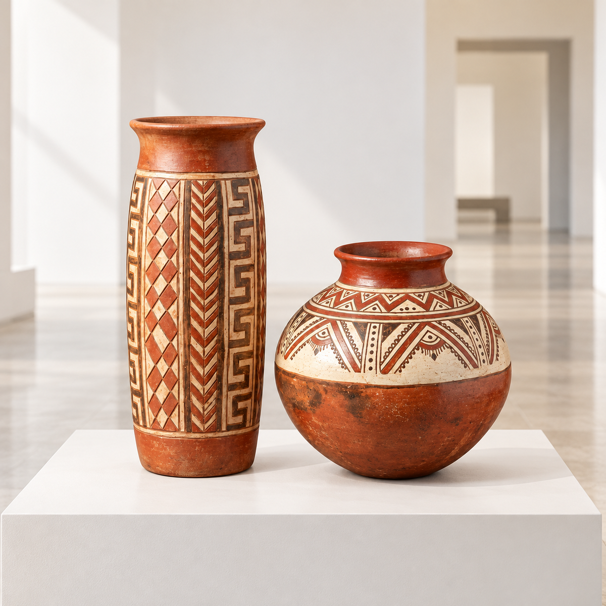 Urna Cilíndrica Monumental de Grecas Verticales en Terracota Bruñida · sala de museo; ambientación digital a partir de la imagen de catálogo. Elementos del escenario no incluidos.
