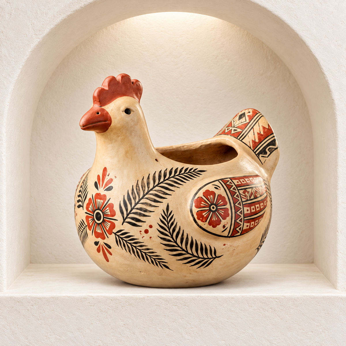 Vasija Zoomorfa Emblemática Gallina Tradicional de Chazuta · nicho arquitectónico; ambientación digital a partir de la imagen de catálogo. Elementos del escenario no incluidos.