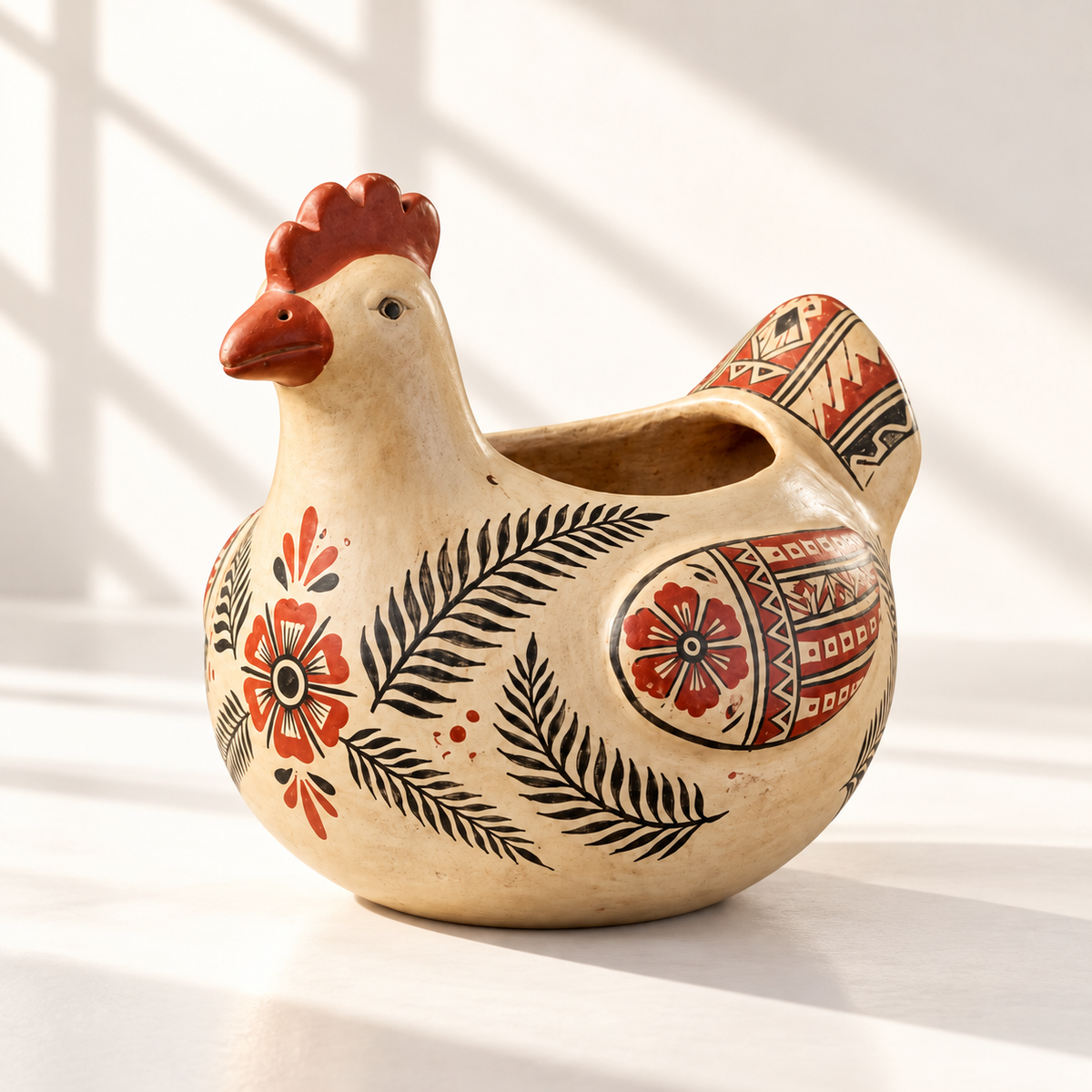 Vasija Zoomorfa Emblemática Gallina Tradicional de Chazuta · luz cinematográfica de ventana; ambientación digital a partir de la imagen de catálogo. Elementos del escenario no incluidos.